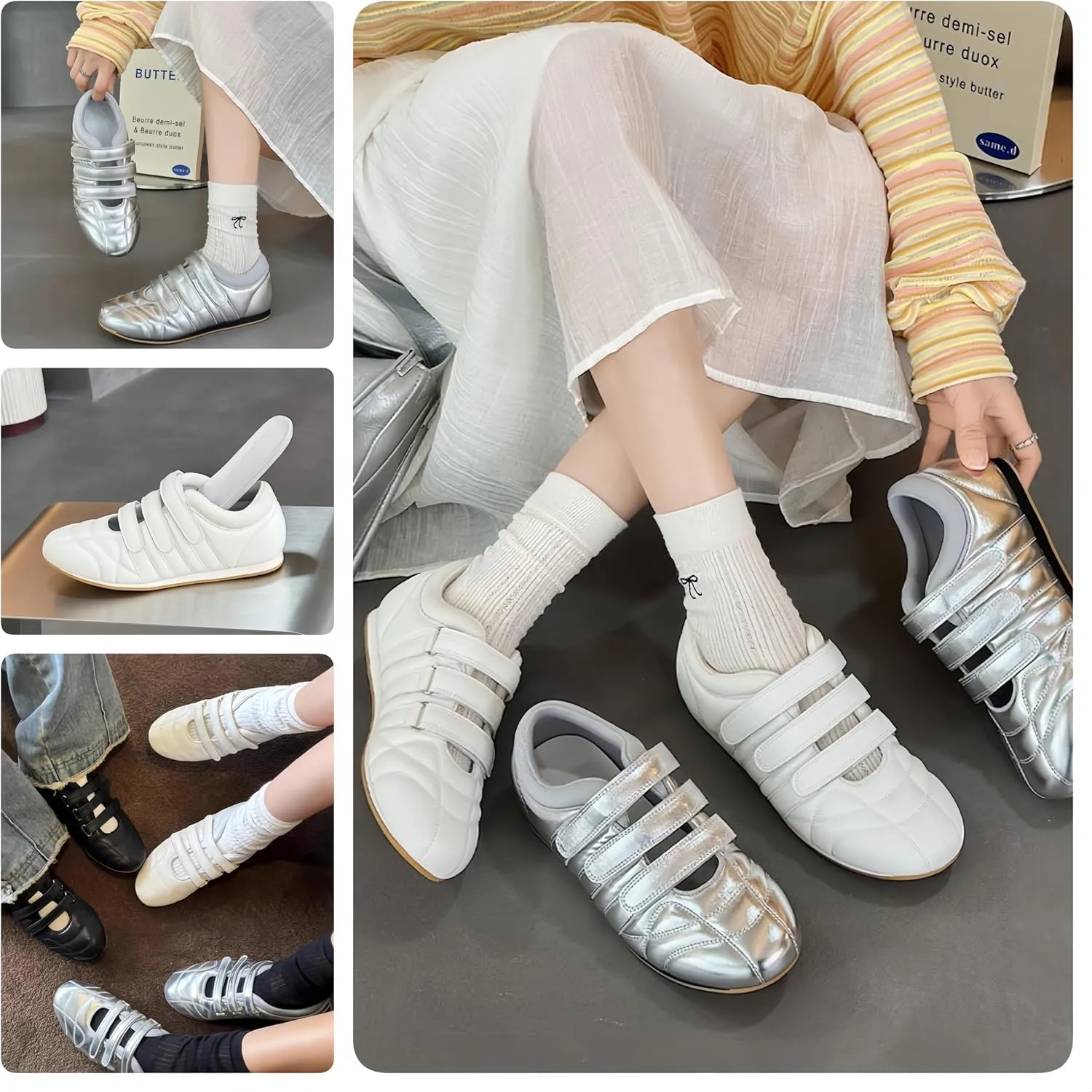 Women's Retro Trainers - Genuine Leather, Hook & Loop Fastener Soft Rubber Anti-Slip Sole Skin-Friendly Lining, Minimalist & Versatile
