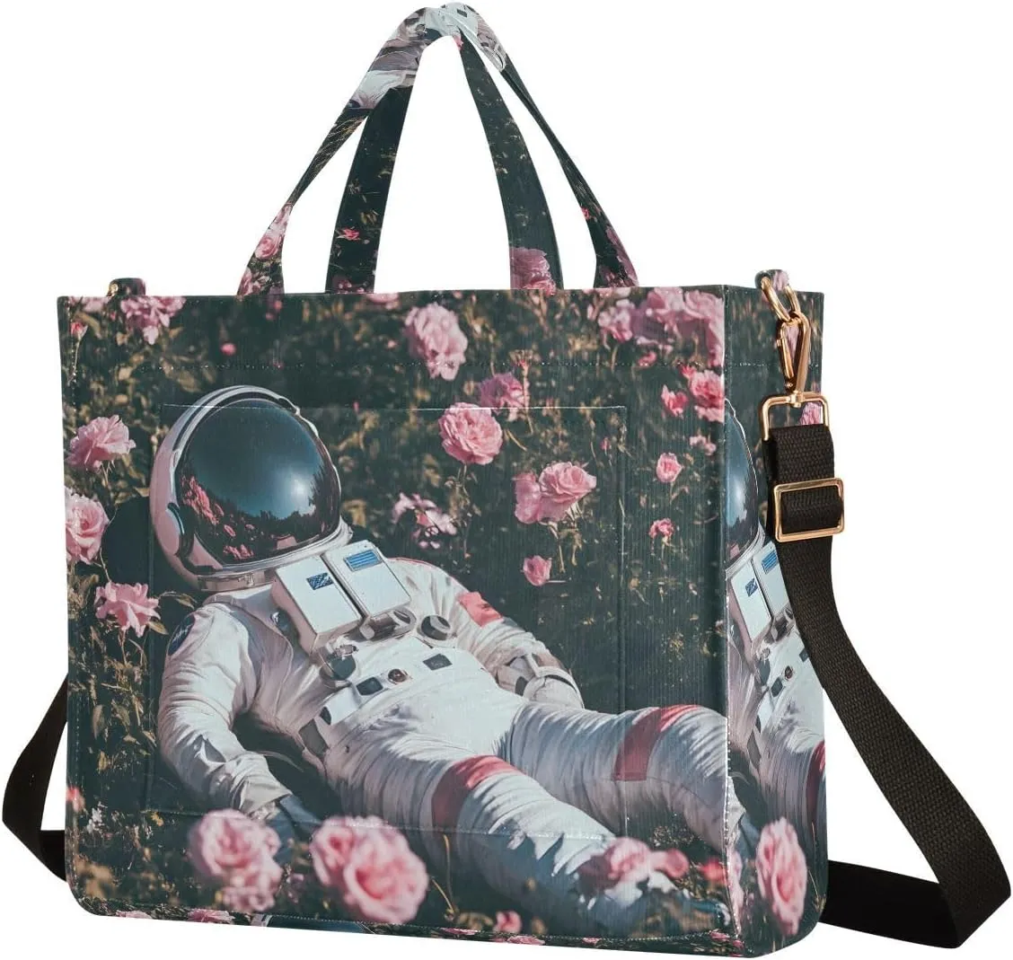 Women's Shoulder Handbags Astronaut Flower Print, Corduroy Tote Bag Large Capacity Small Size