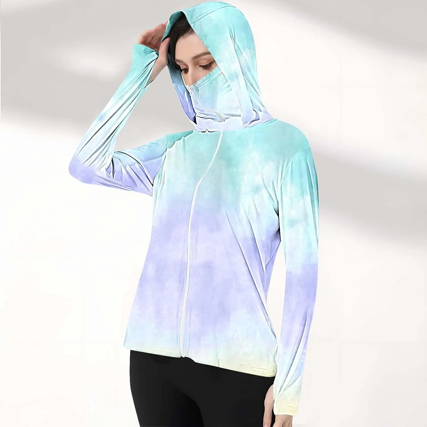 Womens UPF 50  Sun Protection Jackets with Mask UV Hoodie Lightweight Athletic Cycling Outfits Long Sleeve Hiking Shirt