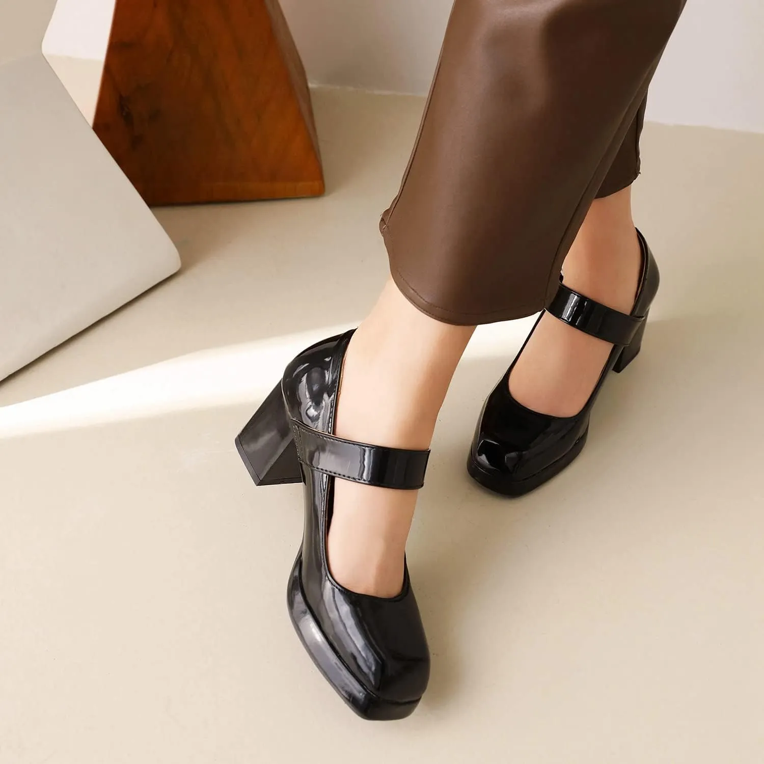 Women's Vintage Patent Leather Block Mary Jane Heels, Retro Chunky Platform Work Mary Janes Pumps, Ankle Strap Mary Jane Shoes