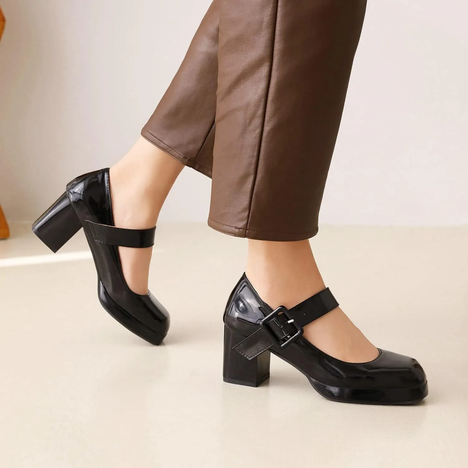 Women's Vintage Patent Leather Block Mary Jane Heels, Retro Chunky Platform Work Mary Janes Pumps, Ankle Strap Mary Jane Shoes