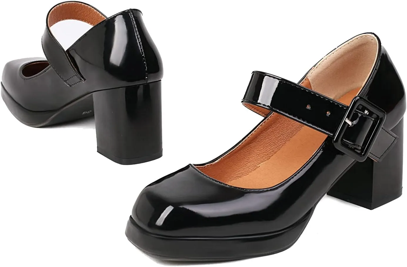 Women's Vintage Patent Leather Block Mary Jane Heels, Retro Chunky Platform Work Mary Janes Pumps, Ankle Strap Mary Jane Shoes