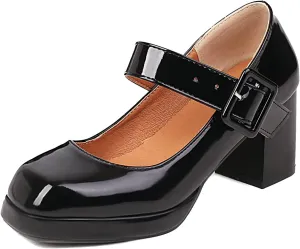 Women's Vintage Patent Leather Block Mary Jane Heels, Retro Chunky Platform Work Mary Janes Pumps, Ankle Strap Mary Jane Shoes