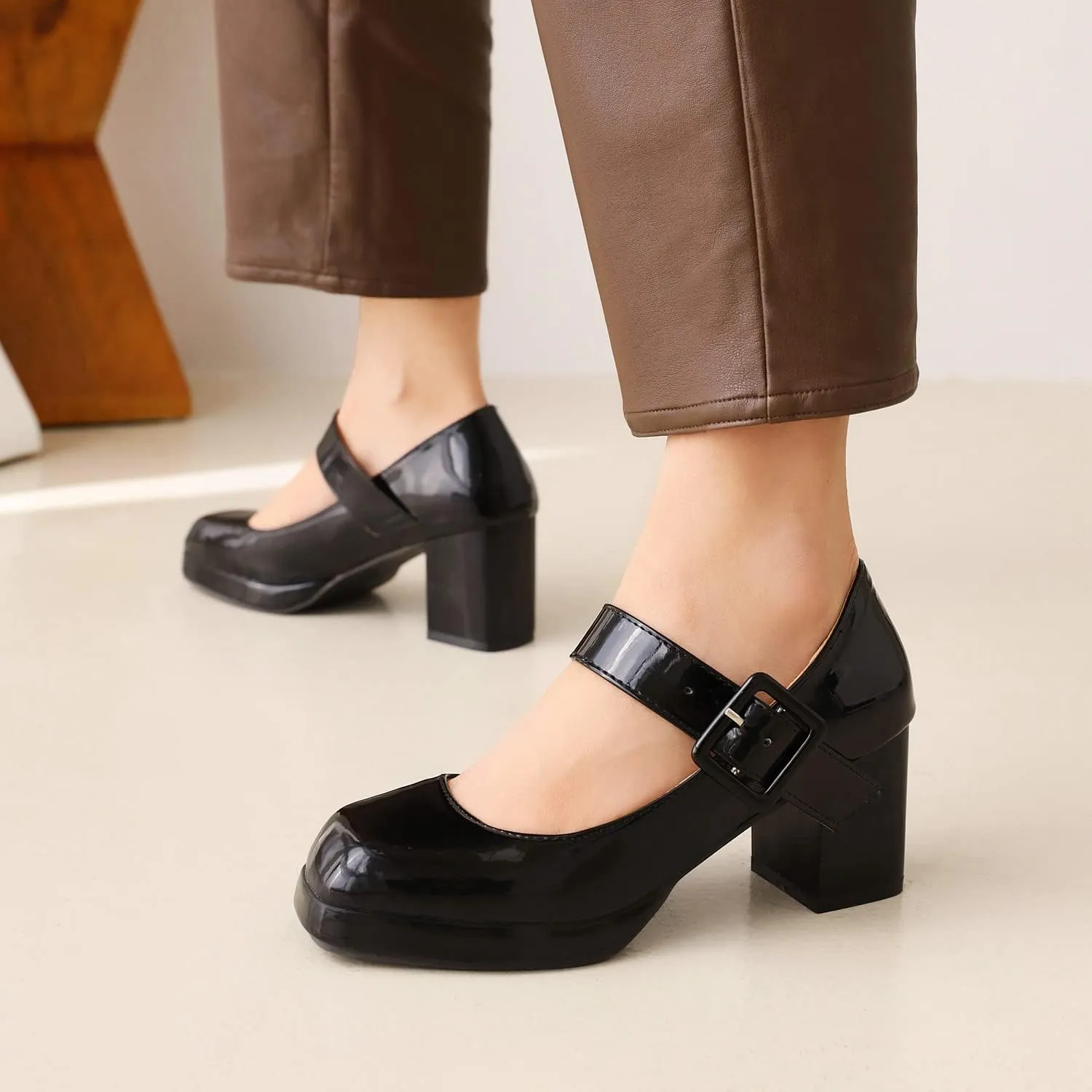 Women's Vintage Patent Leather Block Mary Jane Heels, Retro Chunky Platform Work Mary Janes Pumps, Ankle Strap Mary Jane Shoes