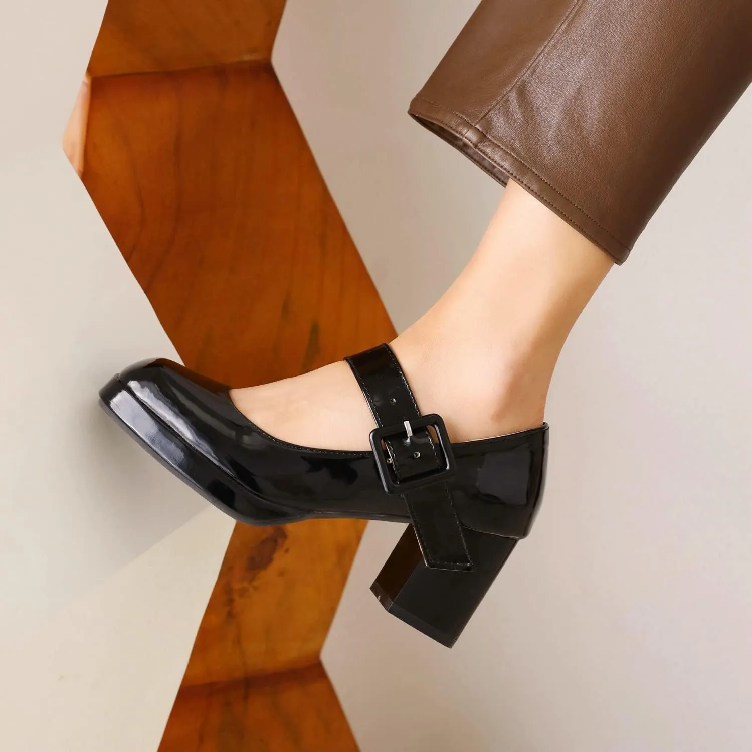Women's Vintage Patent Leather Block Mary Jane Heels, Retro Chunky Platform Work Mary Janes Pumps, Ankle Strap Mary Jane Shoes