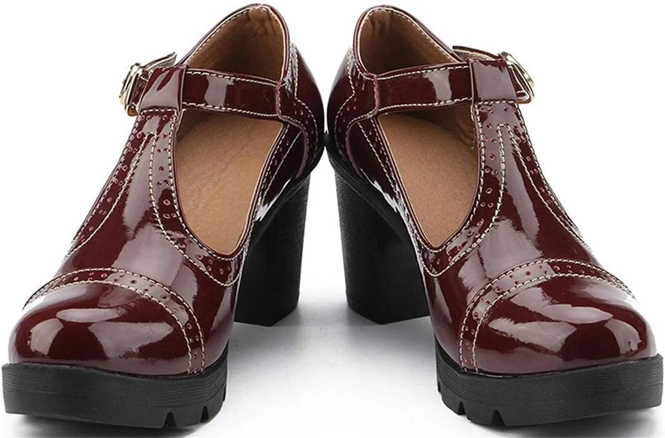 Women's Vintage T-Strap Brogue Dress Shoes Chunky Mid-Heel Oxfords Saddle Shoes