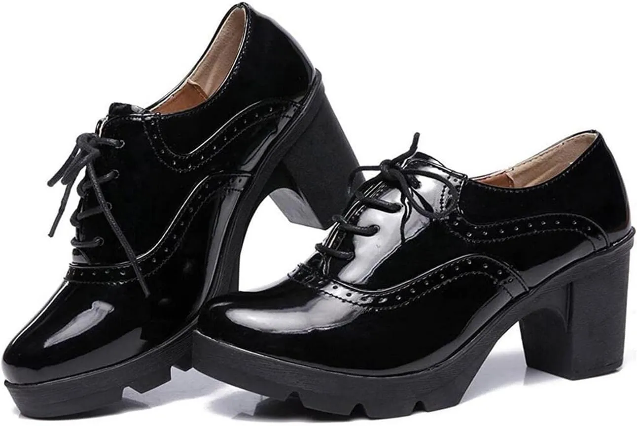 Women's Vintage T-Strap Brogue Dress Shoes Chunky Mid-Heel Oxfords Saddle Shoes