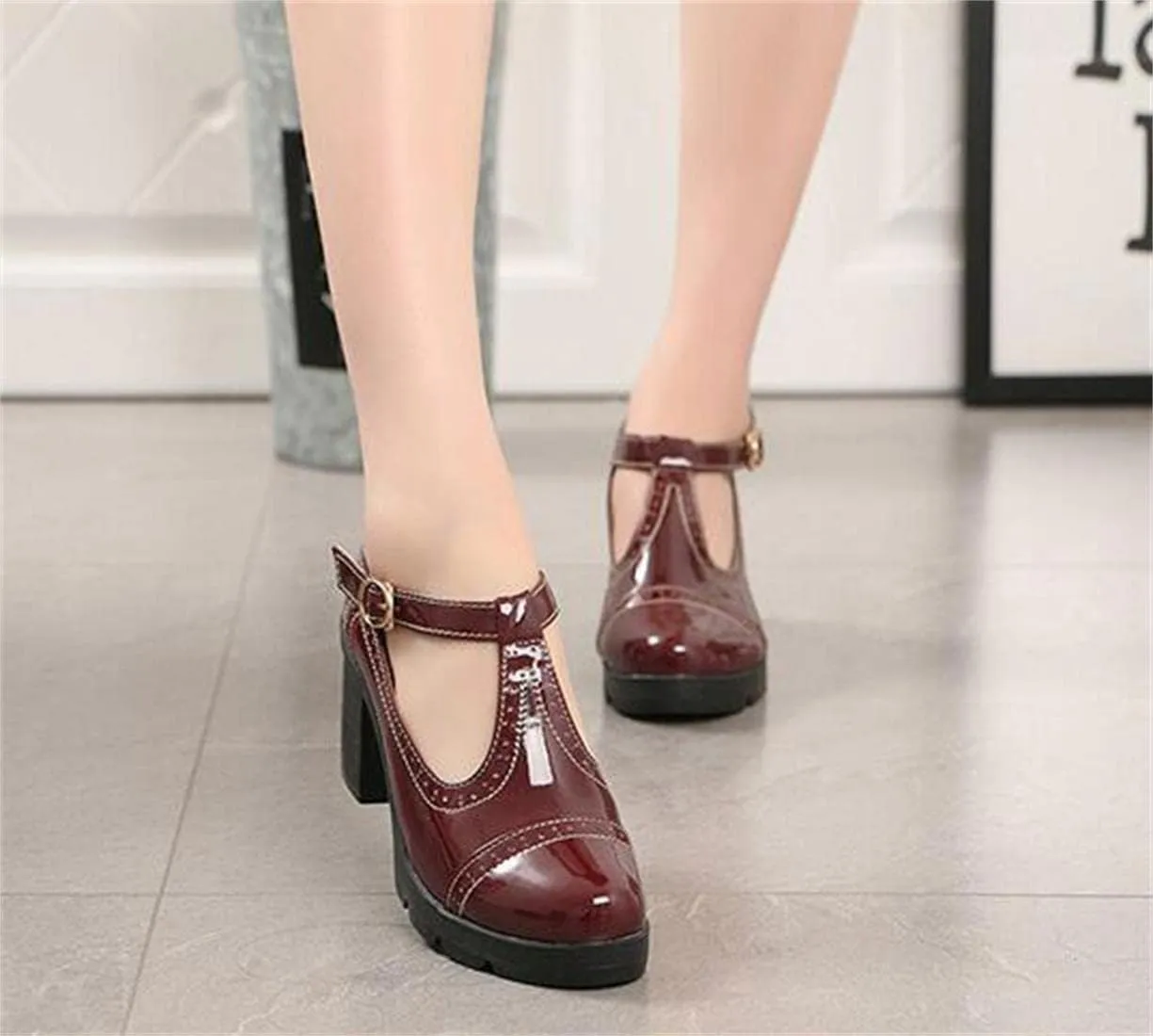 Women's Vintage T-Strap Brogue Dress Shoes Chunky Mid-Heel Oxfords Saddle Shoes