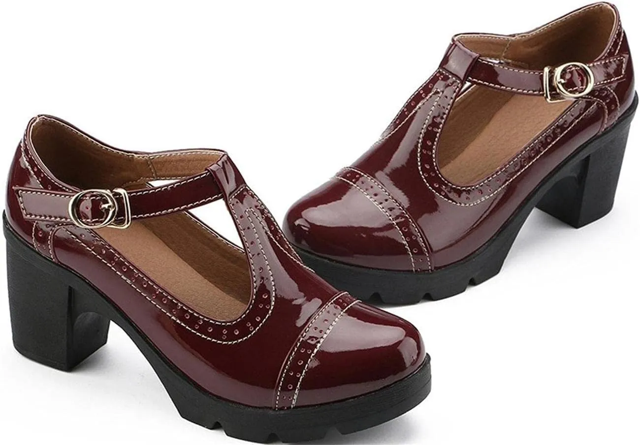 Women's Vintage T-Strap Brogue Dress Shoes Chunky Mid-Heel Oxfords Saddle Shoes