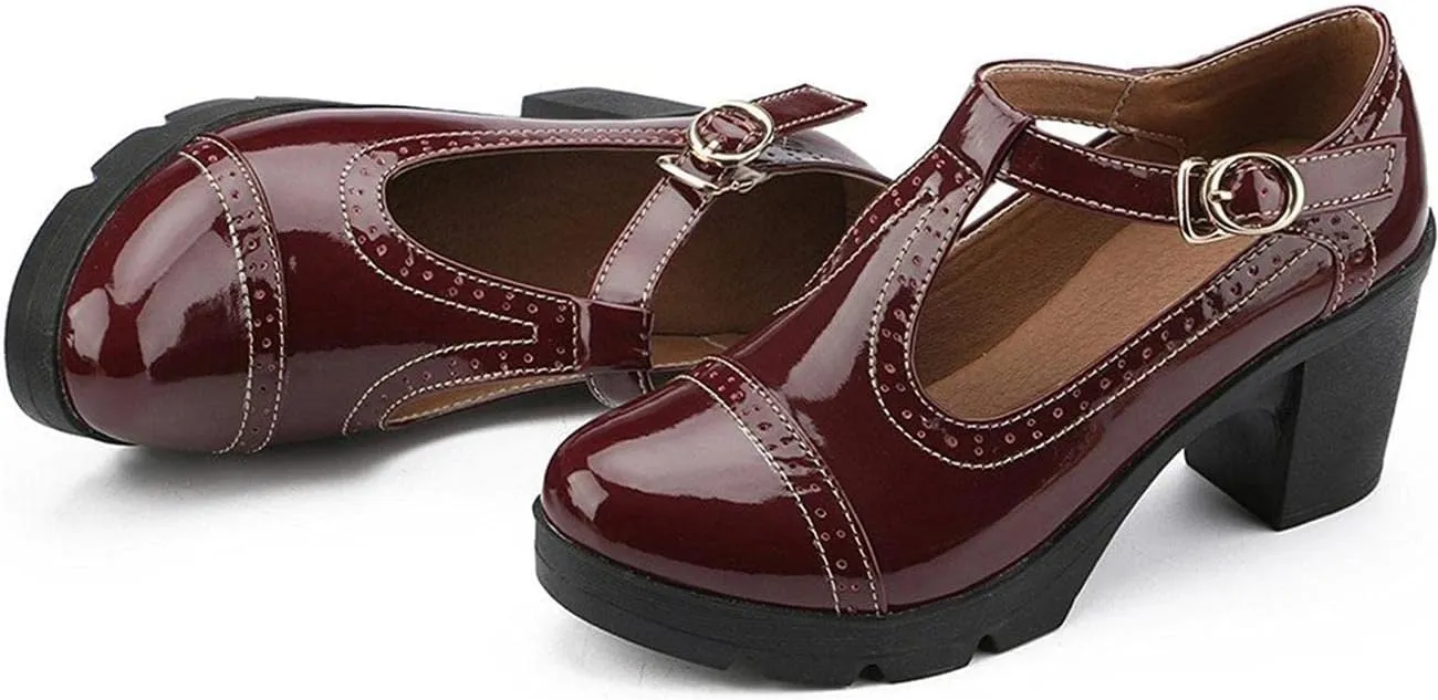 Women's Vintage T-Strap Brogue Dress Shoes Chunky Mid-Heel Oxfords Saddle Shoes
