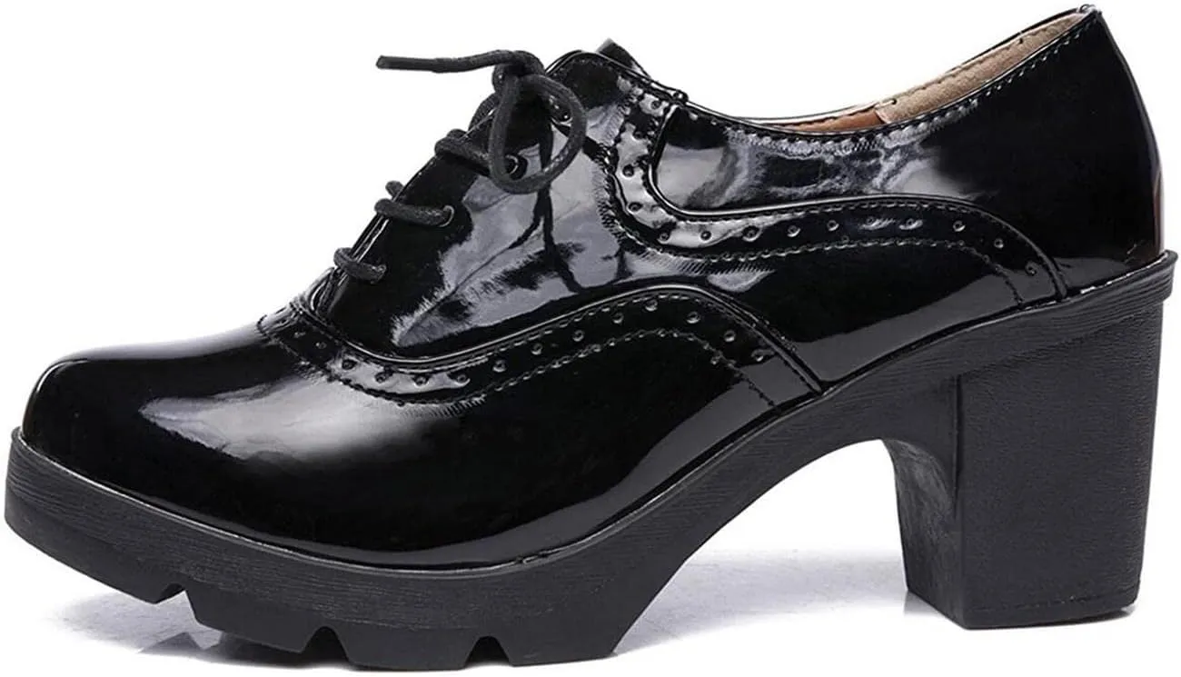 Women's Vintage T-Strap Brogue Dress Shoes Chunky Mid-Heel Oxfords Saddle Shoes
