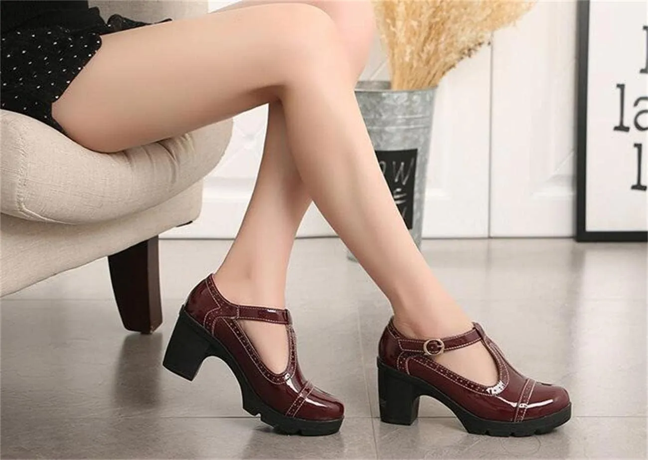 Women's Vintage T-Strap Brogue Dress Shoes Chunky Mid-Heel Oxfords Saddle Shoes