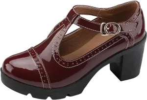 Women's Vintage T-Strap Brogue Dress Shoes Chunky Mid-Heel Oxfords Saddle Shoes