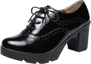 Women's Vintage T-Strap Brogue Dress Shoes Chunky Mid-Heel Oxfords Saddle Shoes