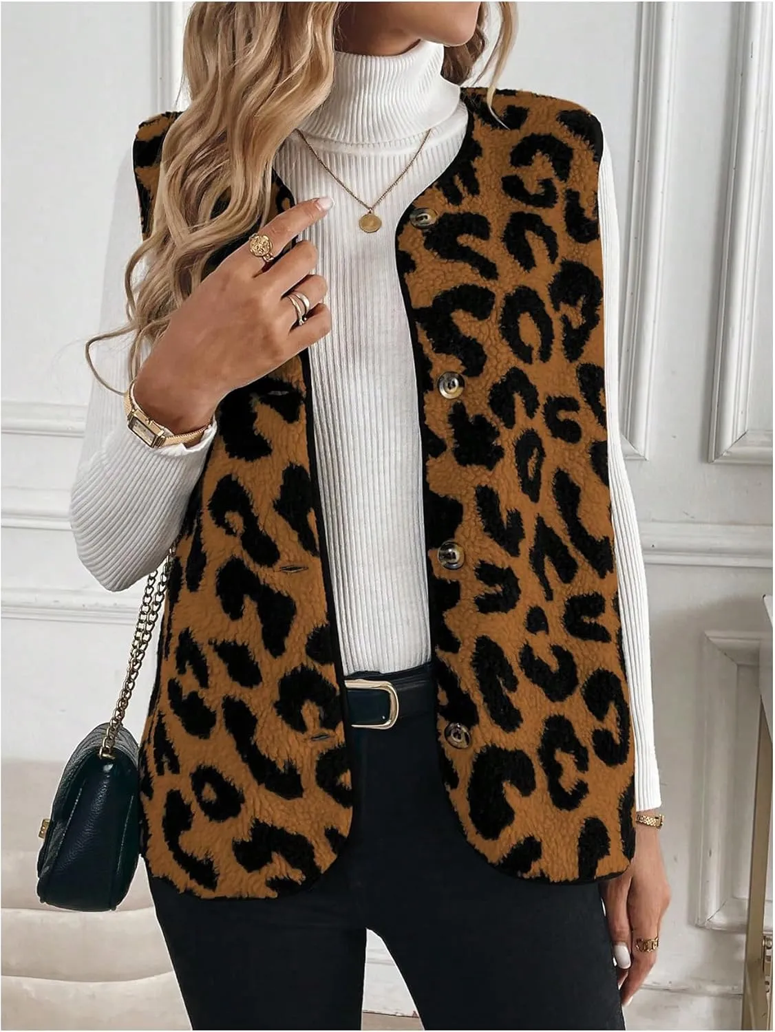Women's Y2k Leopard Print Vest Top Button Down Sleeveless Jacket Outerwear