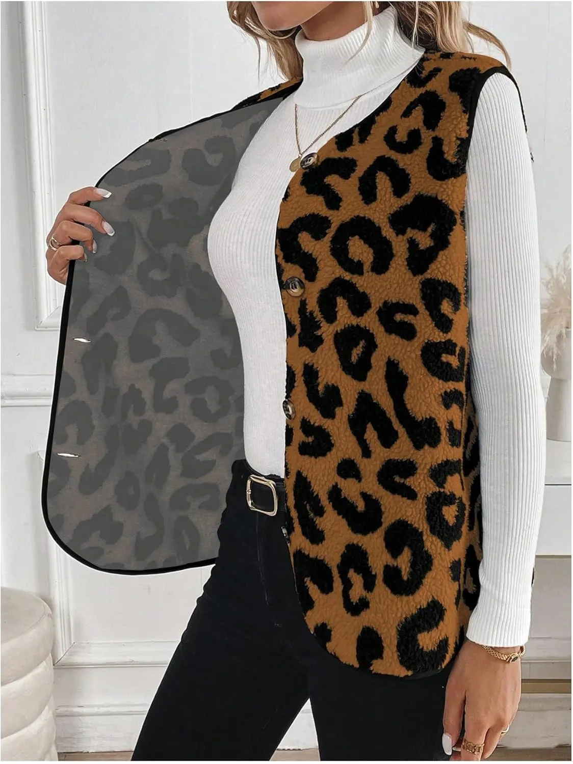 Women's Y2k Leopard Print Vest Top Button Down Sleeveless Jacket Outerwear