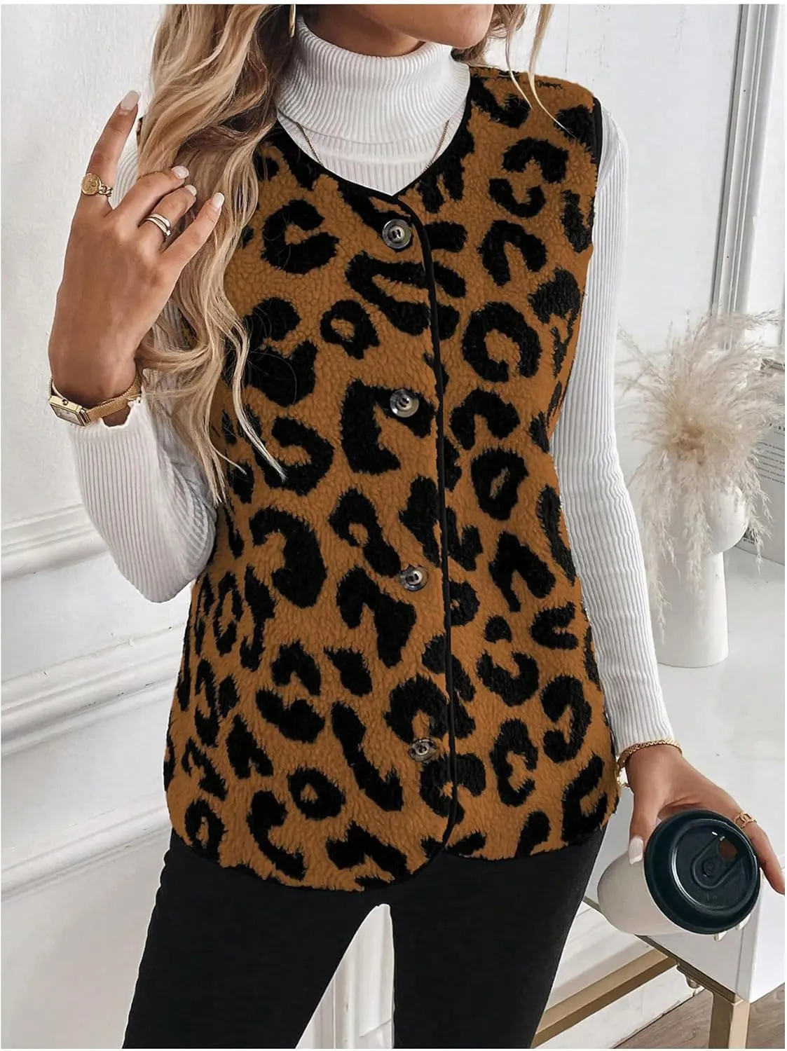 Women's Y2k Leopard Print Vest Top Button Down Sleeveless Jacket Outerwear