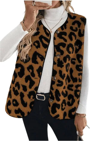 Women's Y2k Leopard Print Vest Top Button Down Sleeveless Jacket Outerwear