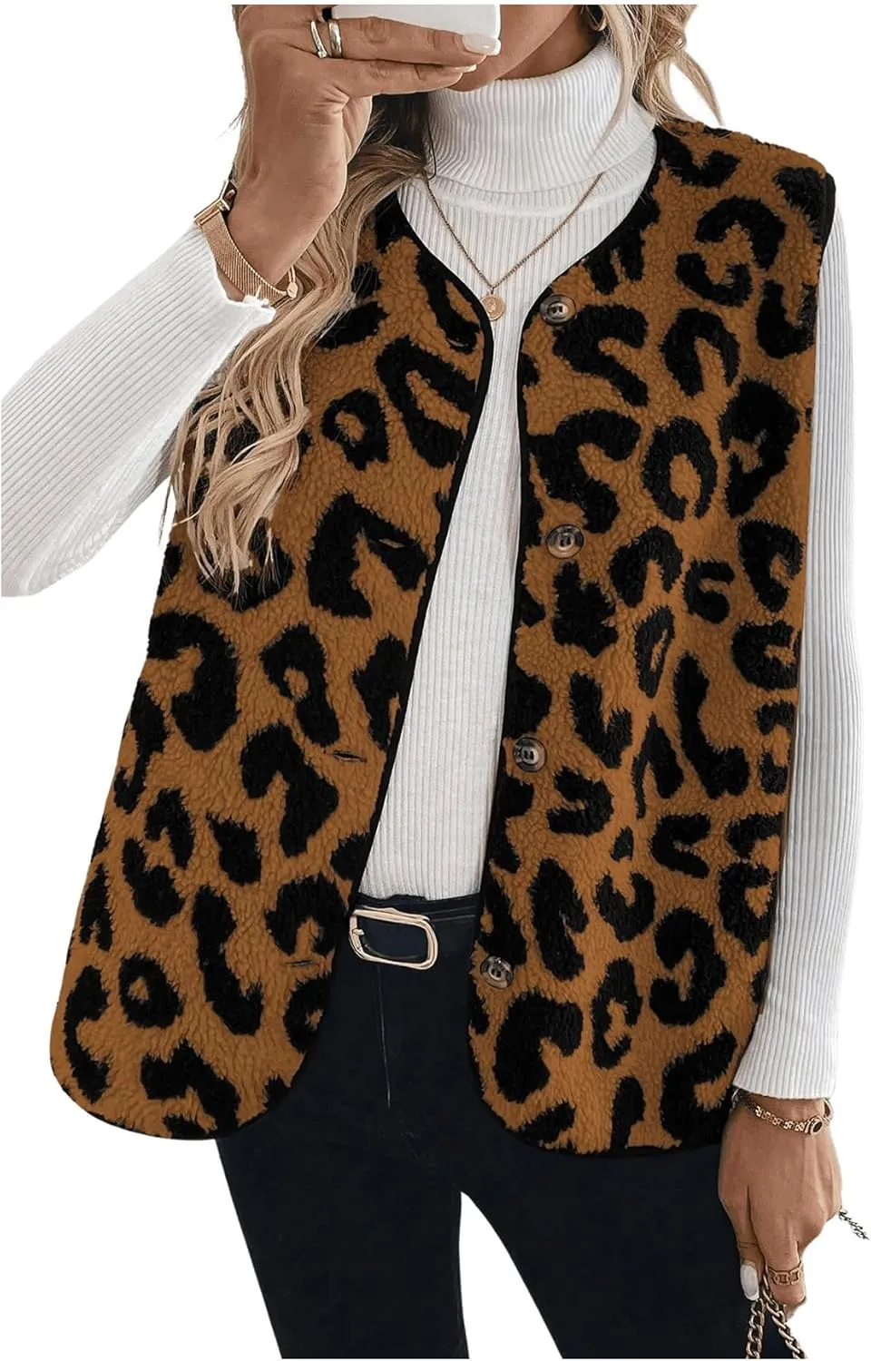 Women's Y2k Leopard Print Vest Top Button Down Sleeveless Jacket Outerwear