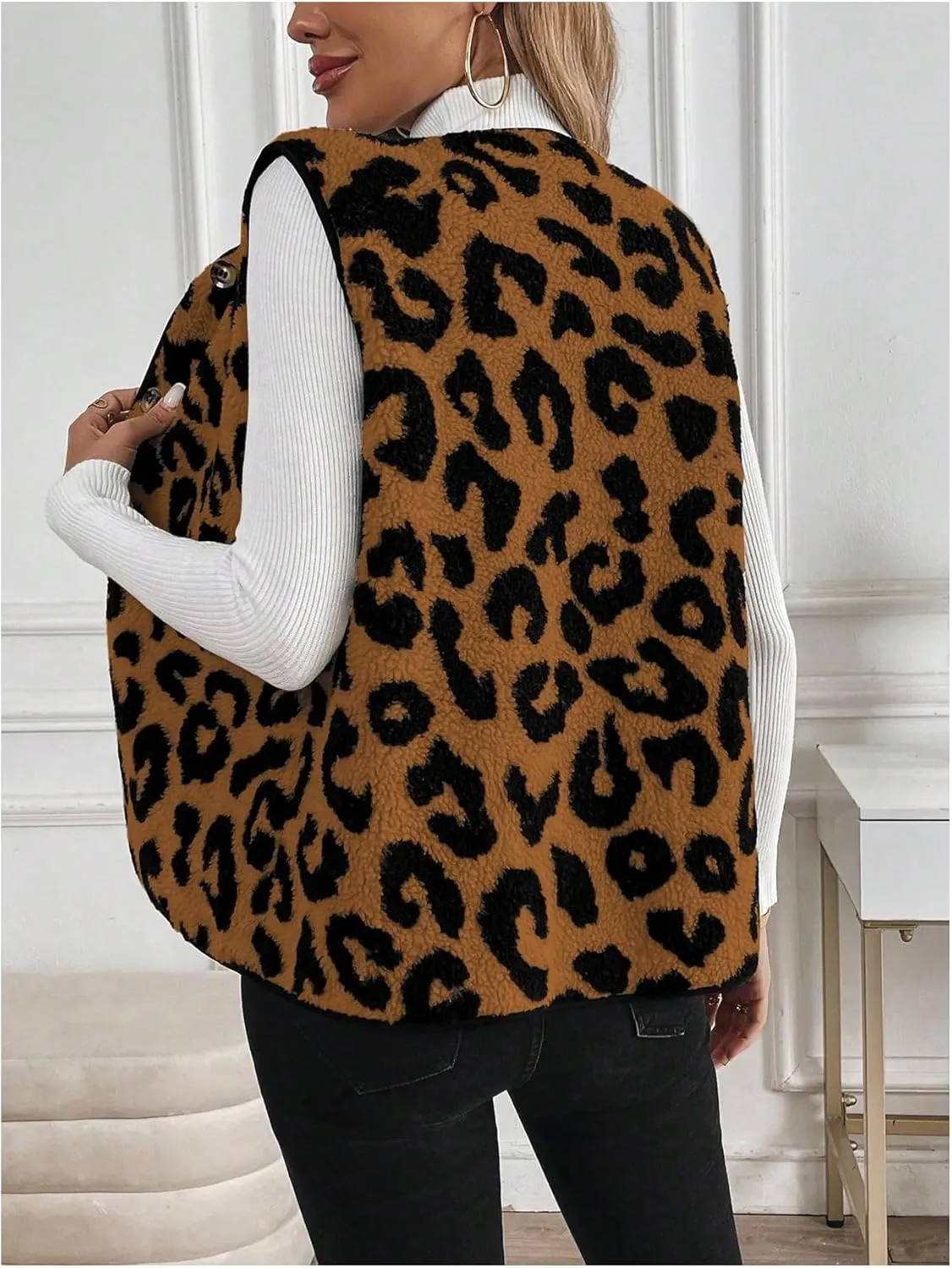 Women's Y2k Leopard Print Vest Top Button Down Sleeveless Jacket Outerwear