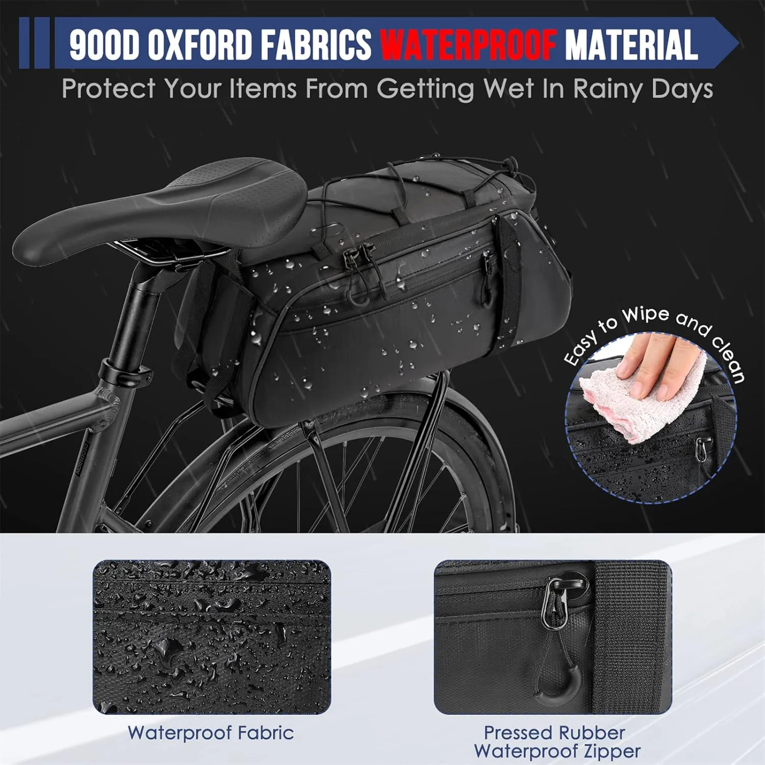WOTOW Bike Rack Bag Waterproof - 9.5L Large Capacity Bike Trunk Bag, Reflective Bicycle Saddle Panniers, Cycling Bag Back Seat Storage Cargo Carrier Pouch with Shoulder Strap & Hook