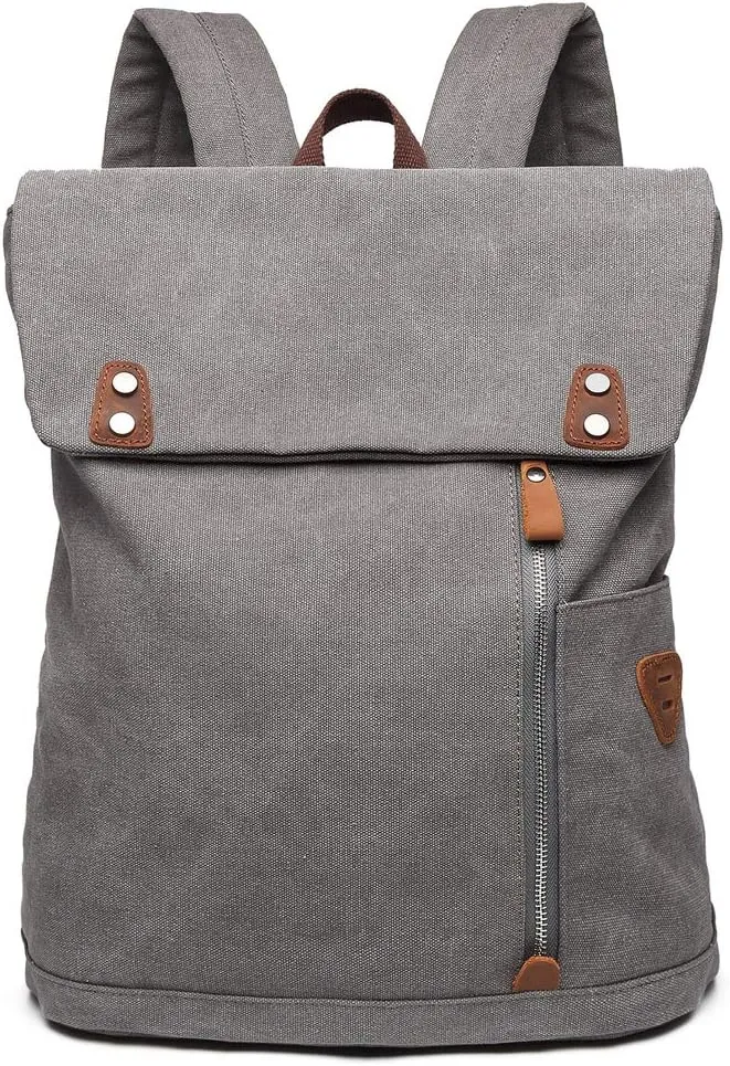 Wxnow Canvas Backpack Vintage Casual Rucksack 15.6 inch Laptop Daypacks Hiking Camping Travel Bag, Grey