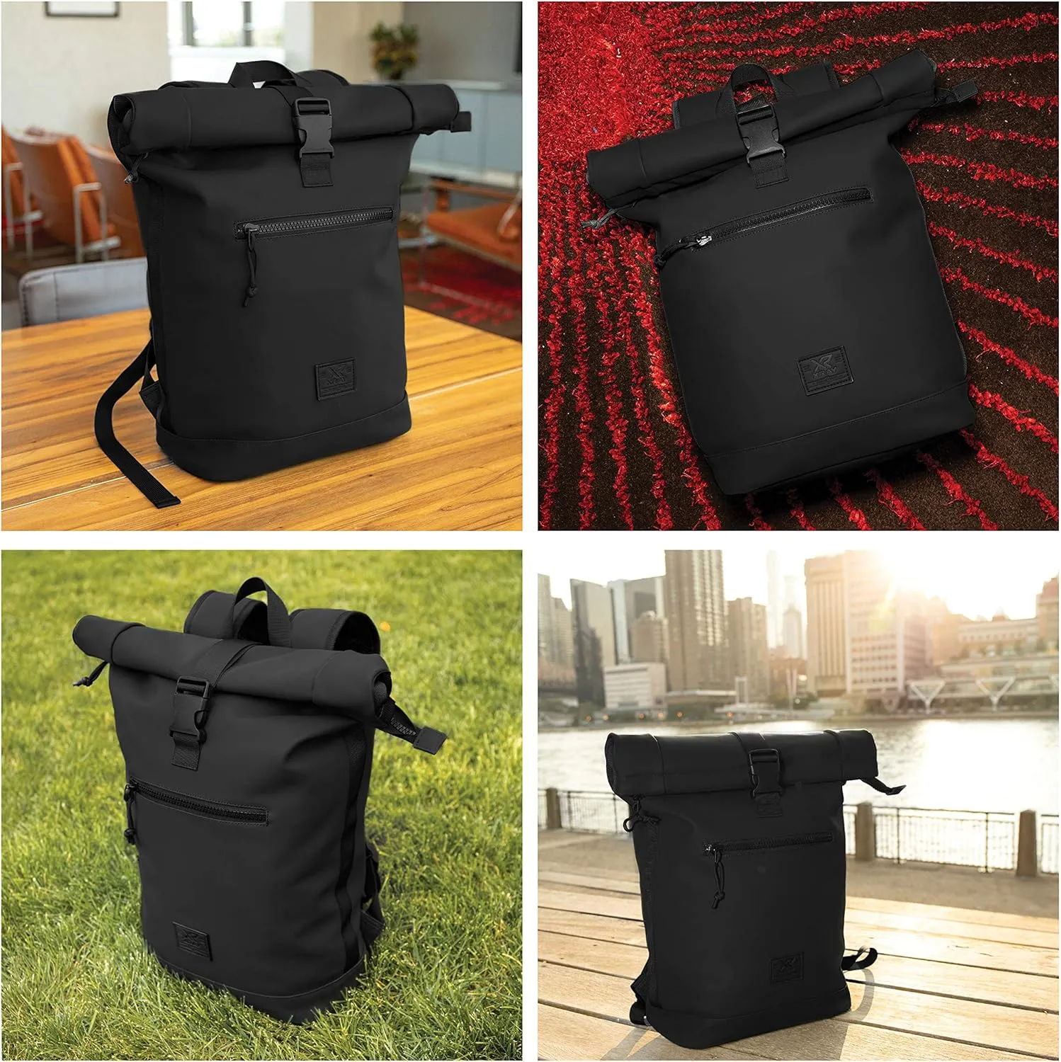 X RAY Roll Top Laptop Backpack for Men Women, PU Leather Expandable Roll Up Backpack Capacity Adjustable 22L & Fits 15.6" Laptop, Black