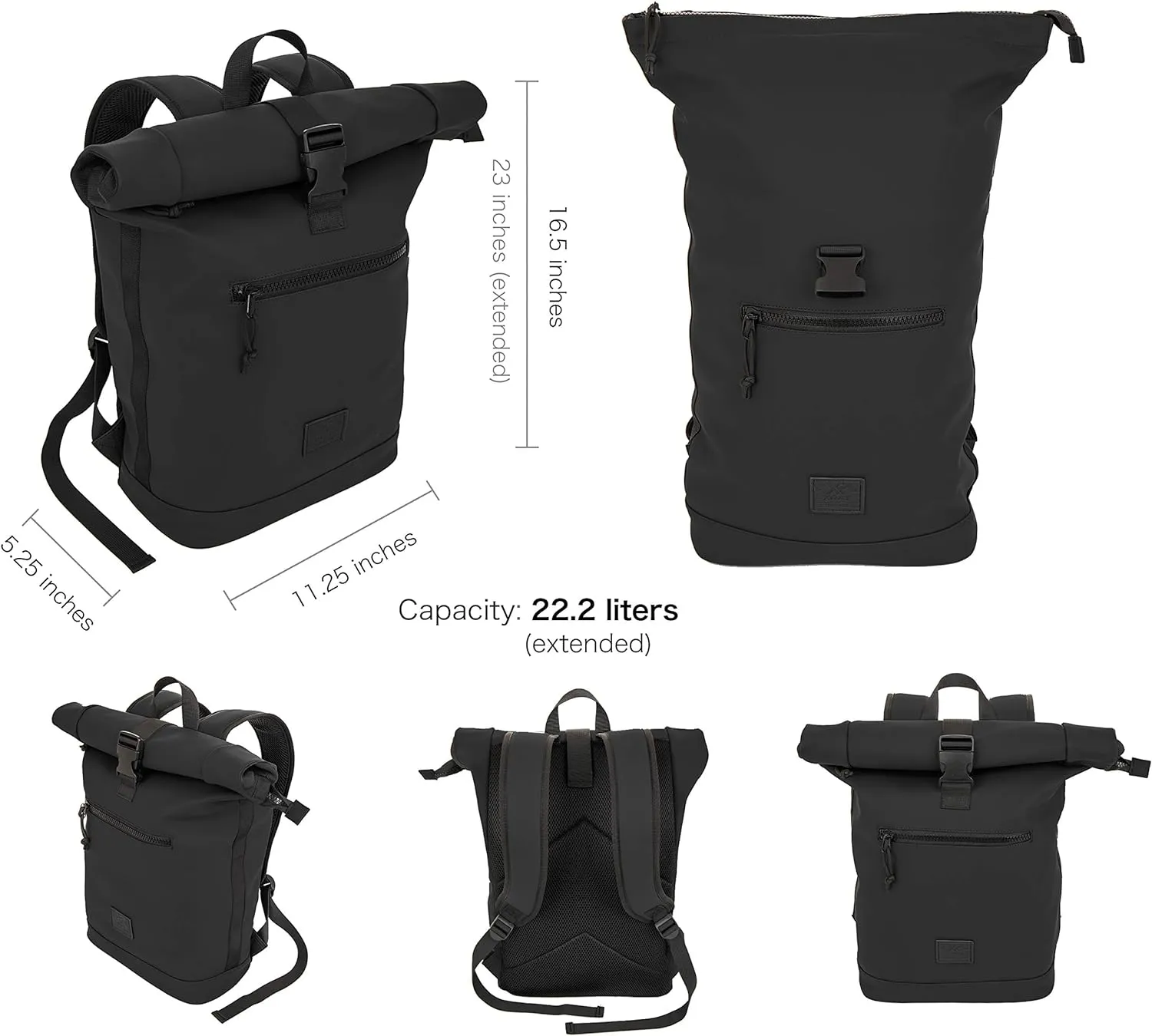X RAY Roll Top Laptop Backpack for Men Women, PU Leather Expandable Roll Up Backpack Capacity Adjustable 22L & Fits 15.6" Laptop, Black