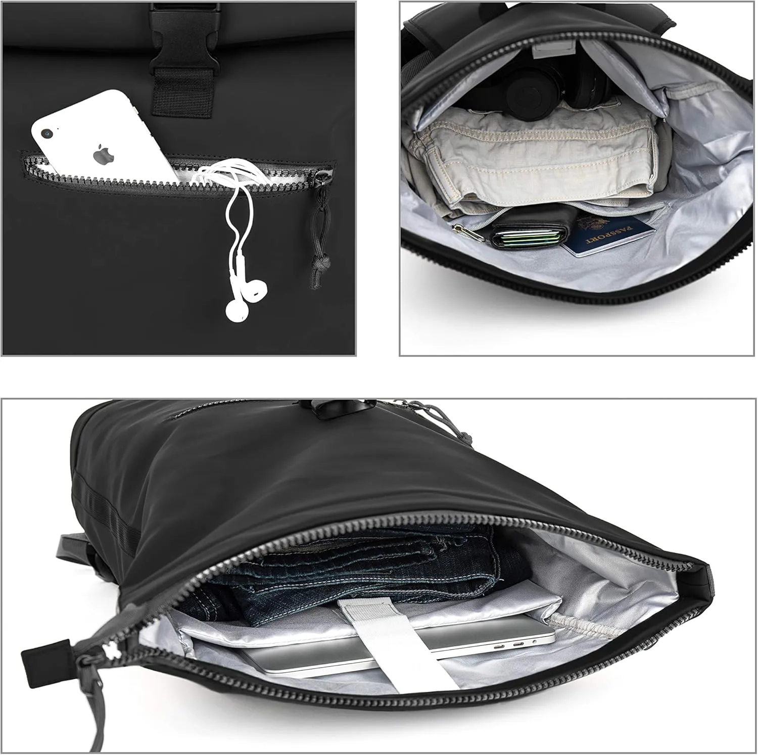 X RAY Roll Top Laptop Backpack for Men Women, PU Leather Expandable Roll Up Backpack Capacity Adjustable 22L & Fits 15.6" Laptop, Black
