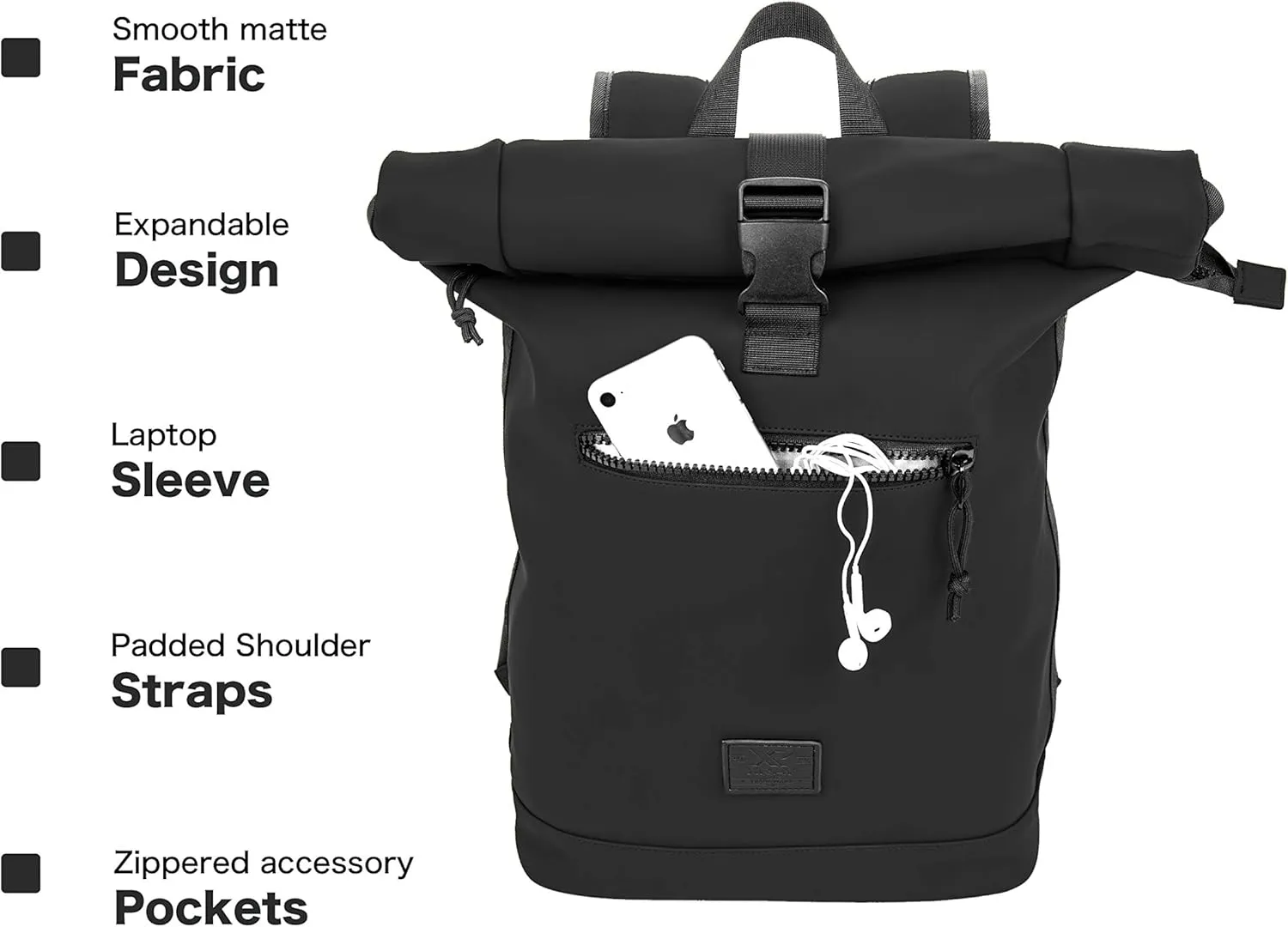 X RAY Roll Top Laptop Backpack for Men Women, PU Leather Expandable Roll Up Backpack Capacity Adjustable 22L & Fits 15.6" Laptop, Black