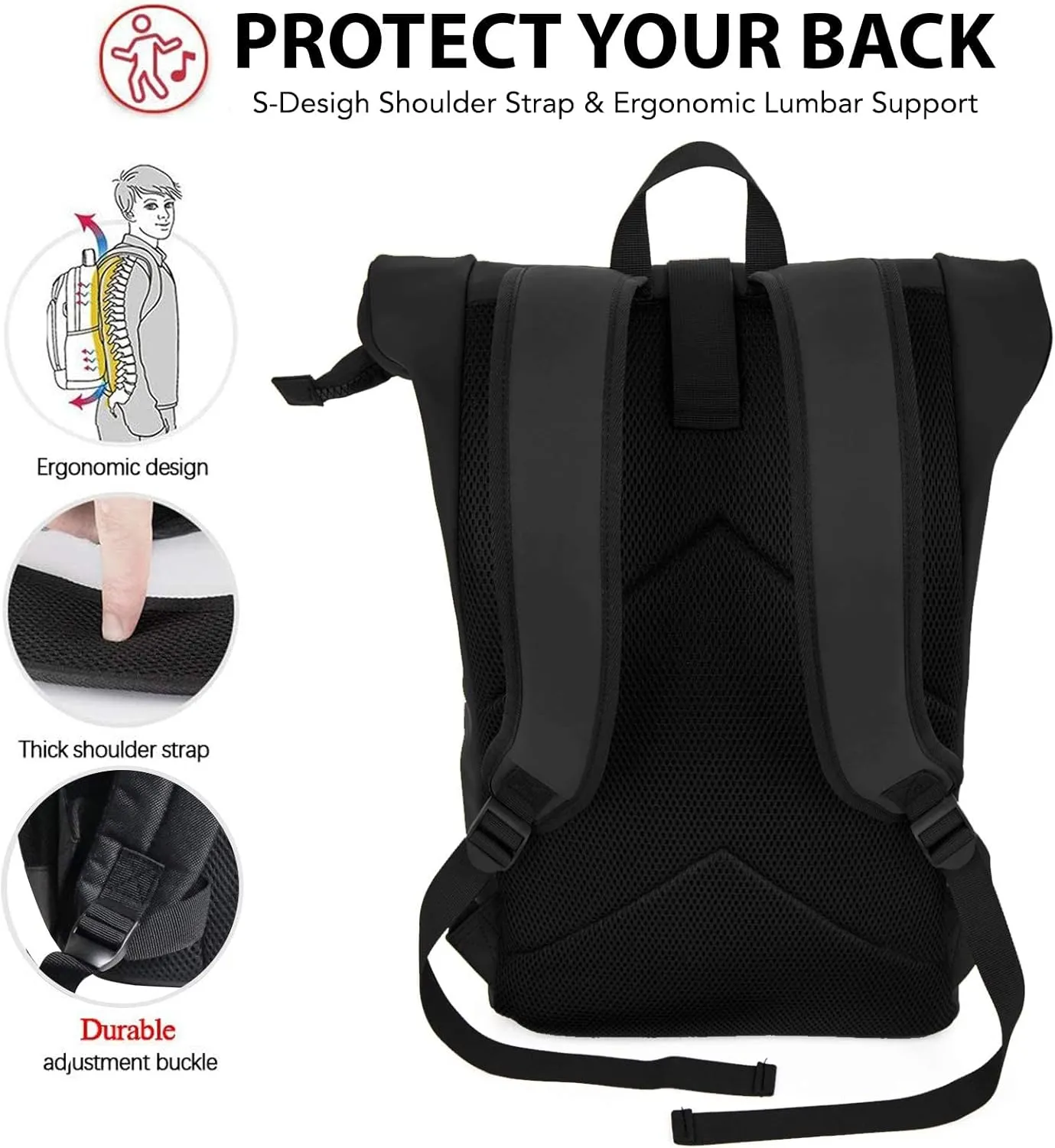 X RAY Roll Top Laptop Backpack for Men Women, PU Leather Expandable Roll Up Backpack Capacity Adjustable 22L & Fits 15.6" Laptop, Black