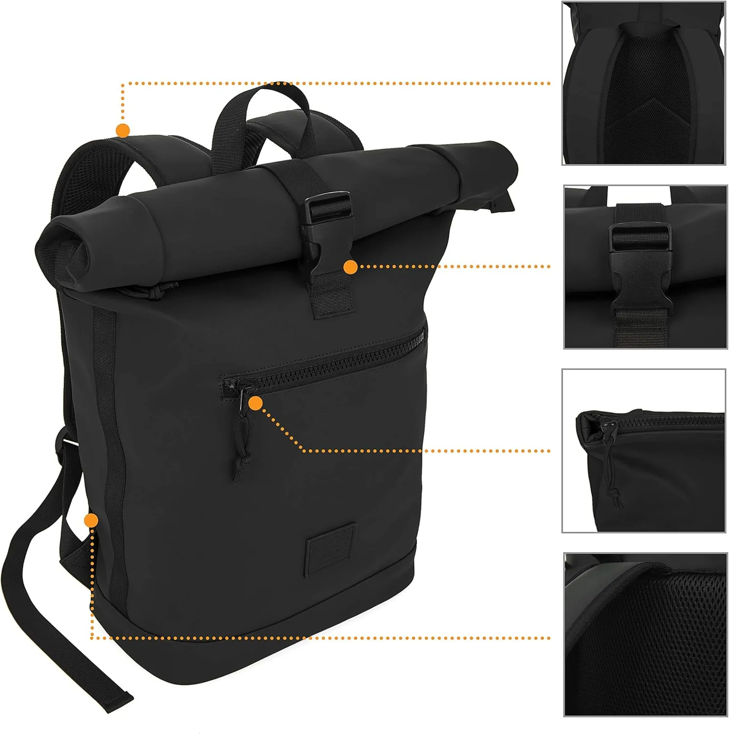 X RAY Roll Top Laptop Backpack for Men Women, PU Leather Expandable Roll Up Backpack Capacity Adjustable 22L & Fits 15.6" Laptop, Black