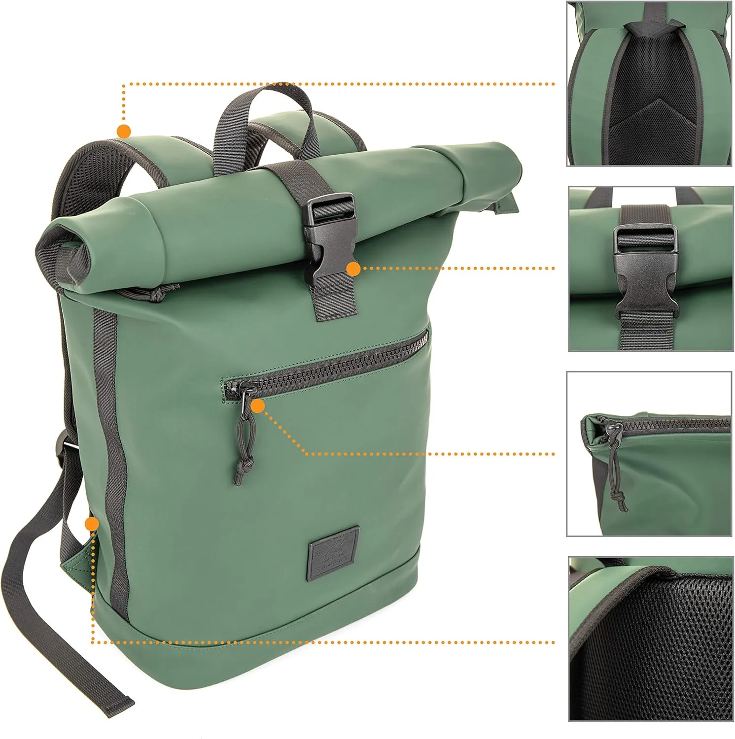 X RAY Roll Top Laptop Backpack for Men Women, PU Leather Expandable Roll Up Backpack Capacity Adjustable 22L & Fits 15.6" Laptop, Black