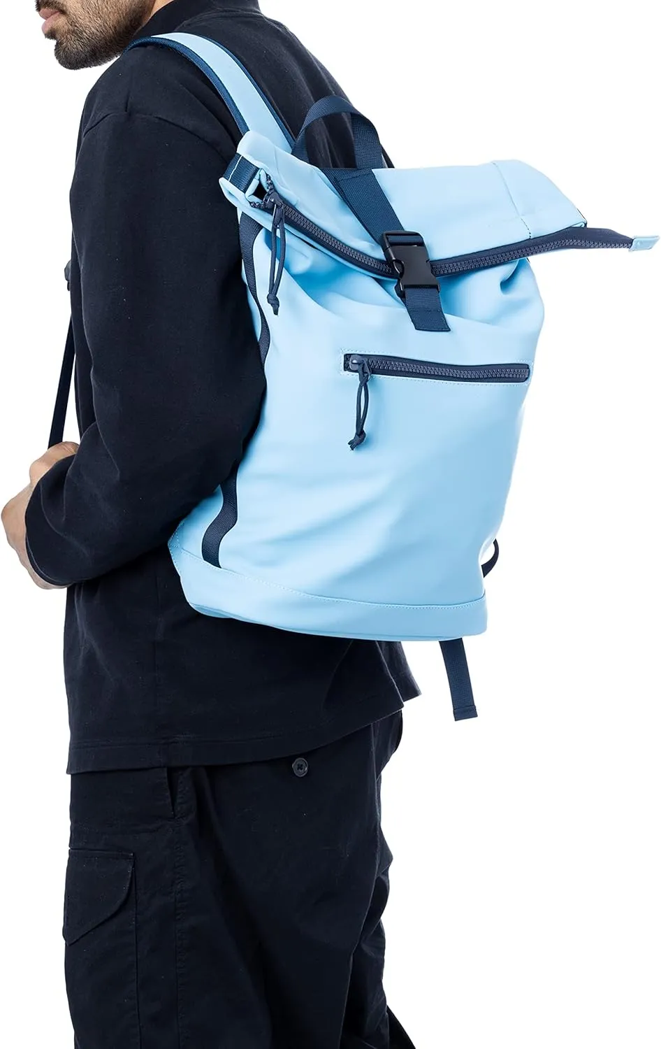 X RAY Roll Top Laptop Backpack for Men Women, PU Leather Expandable Roll Up Backpack Capacity Adjustable 22L & Fits 15.6" Laptop, Carolina Blue/Navy
