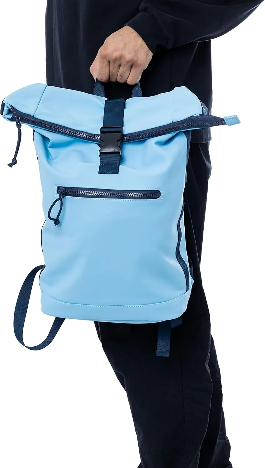X RAY Roll Top Laptop Backpack for Men Women, PU Leather Expandable Roll Up Backpack Capacity Adjustable 22L & Fits 15.6" Laptop, Carolina Blue/Navy