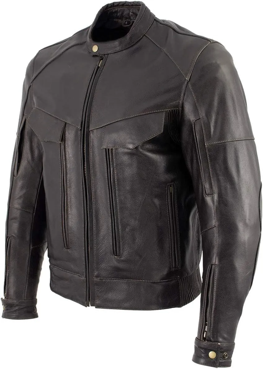 Xelement 'Bandit' Distressed Brown Leather Motorcycle Jacket with Armor - Premium Leather Jacket for Men - B7496