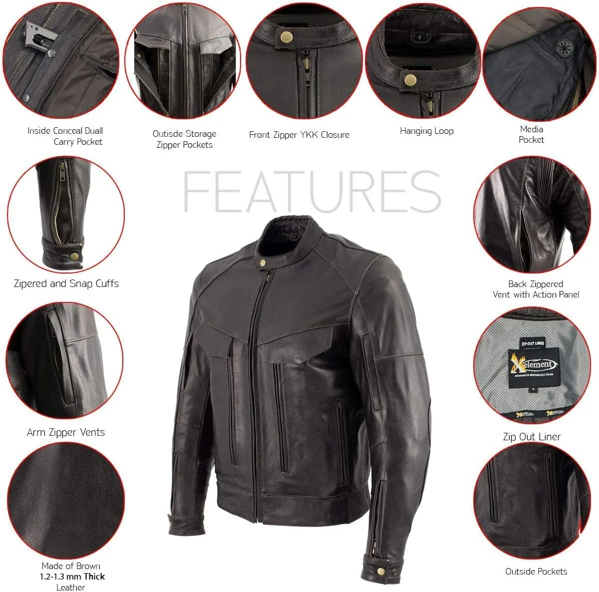 Xelement 'Bandit' Distressed Brown Leather Motorcycle Jacket with Armor - Premium Leather Jacket for Men - B7496