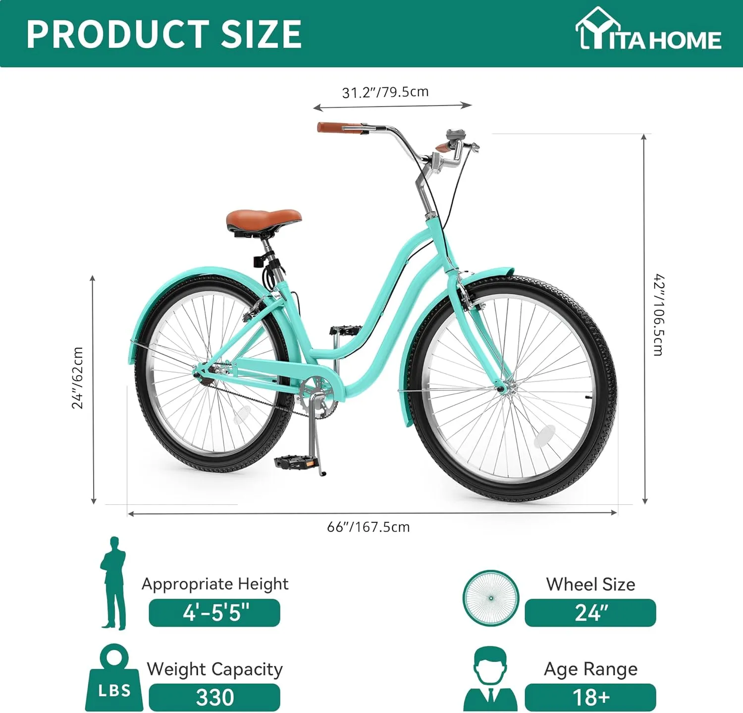YITAHOME 24 & 26 Inch Beach Cruiser Bike, 7 Speed & Single Speed Commute Bike, Step-Through Bicycle for Adult Women & Men, Steel Frame Cruiser Bike with Full Front & Rear Fenders
