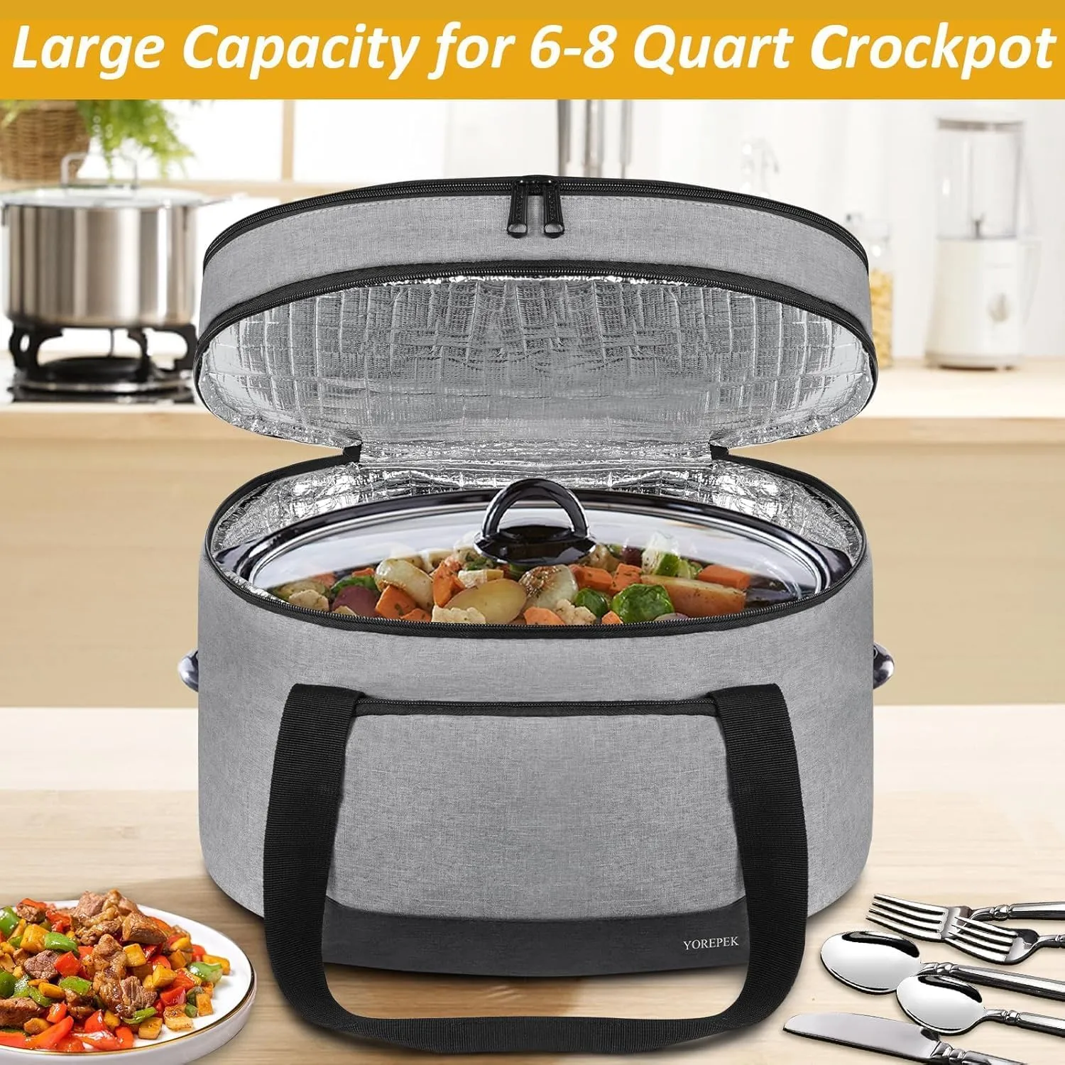 YOREPEK 2 Layer Slow Cooker Carrier, Compatible with 6, 7, 8 Quart Crock-Pot, Insulated Large Slow Cooker Travel Bag with Bottom Pad Lid Fasten Straps, for Family Gathering Potluck, Gift for Women