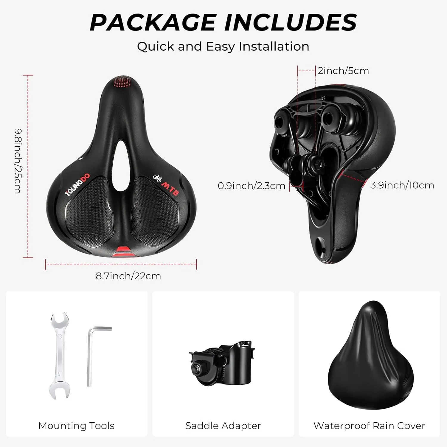 YOUNGDO Bike Seat, Bicycle Saddle Comfortable Soft Wide Road Bike Gel Saddles,Breathable Mountain Bike Seat,Suitable for MTB Mountain Bike,Folding Bike,Road Bike,Spinning Bike, Exercise Bikes