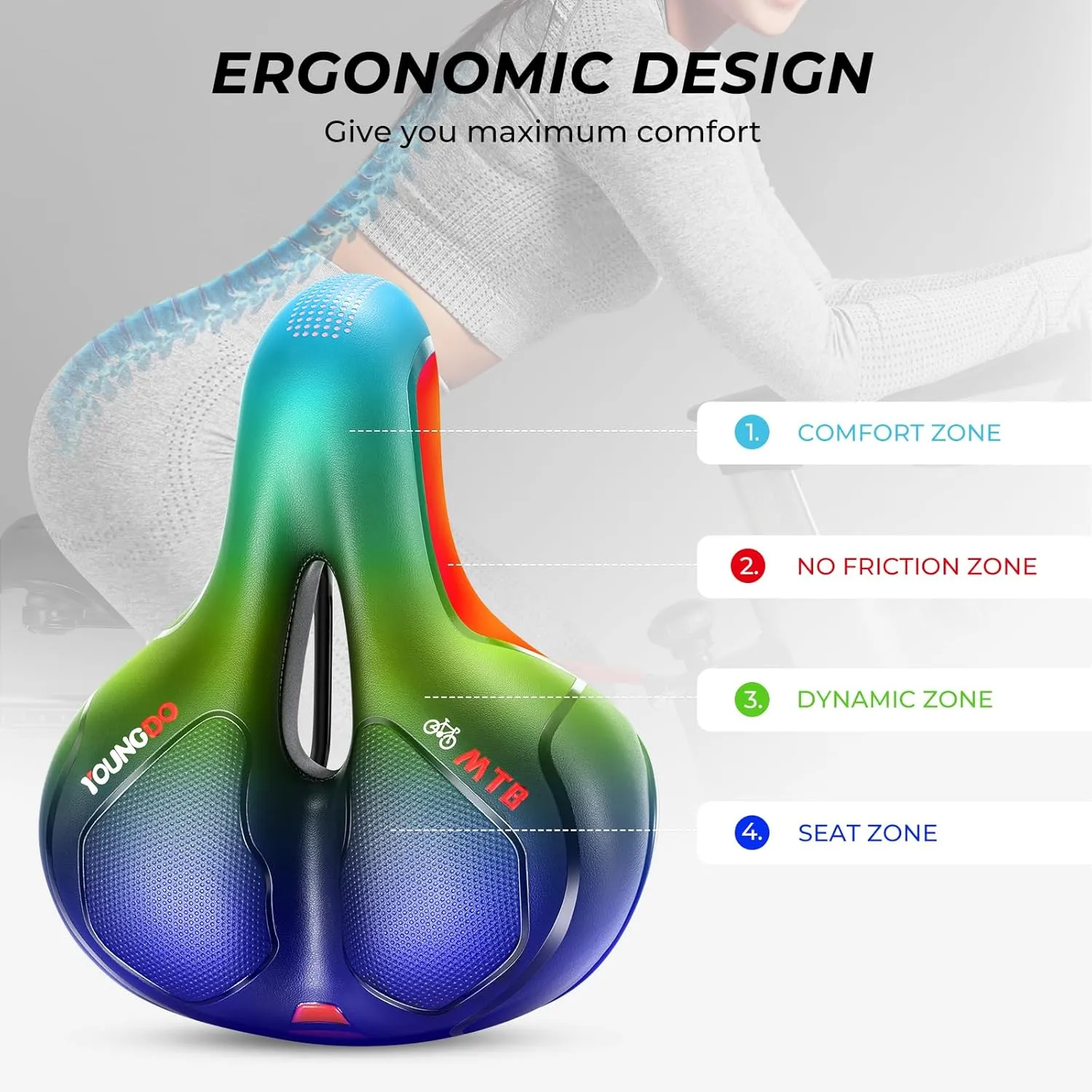 YOUNGDO Bike Seat, Bicycle Saddle Comfortable Soft Wide Road Bike Gel Saddles,Breathable Mountain Bike Seat,Suitable for MTB Mountain Bike,Folding Bike,Road Bike,Spinning Bike, Exercise Bikes