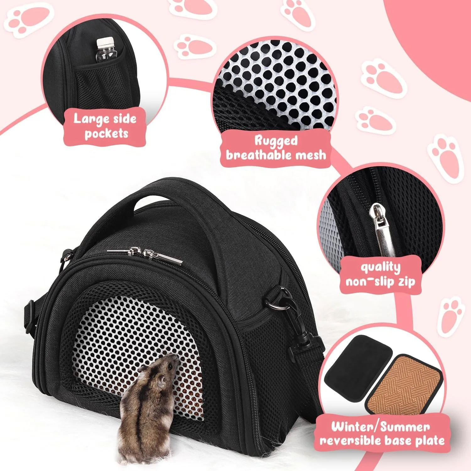 YUDODO Hamster Carrier Guinea Pig Carrier Bag Small Animal Sugar Glider Pouch Gerbil Hedgehog Portable Travel Carrier Outdoor Hangbag Flying Squirrel Rat Carrier Black
