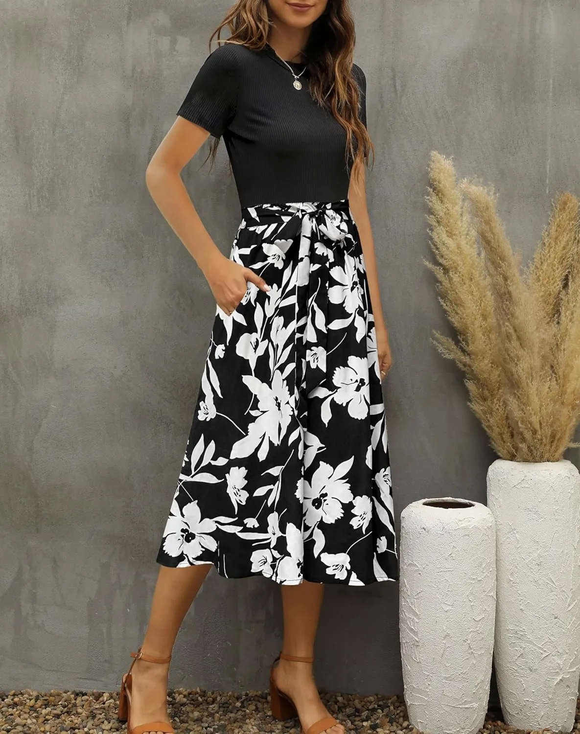Zattcas Women 2025 Summer Dress Short Sleeve Ribbed Teacher Church Modest Business Casual Work Outfits Midi Dress