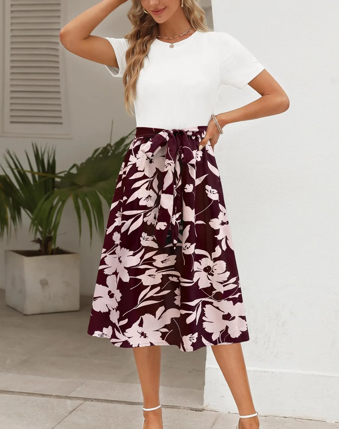Zattcas Women 2025 Summer Dress Short Sleeve Ribbed Teacher Church Modest Business Casual Work Outfits Midi Dress