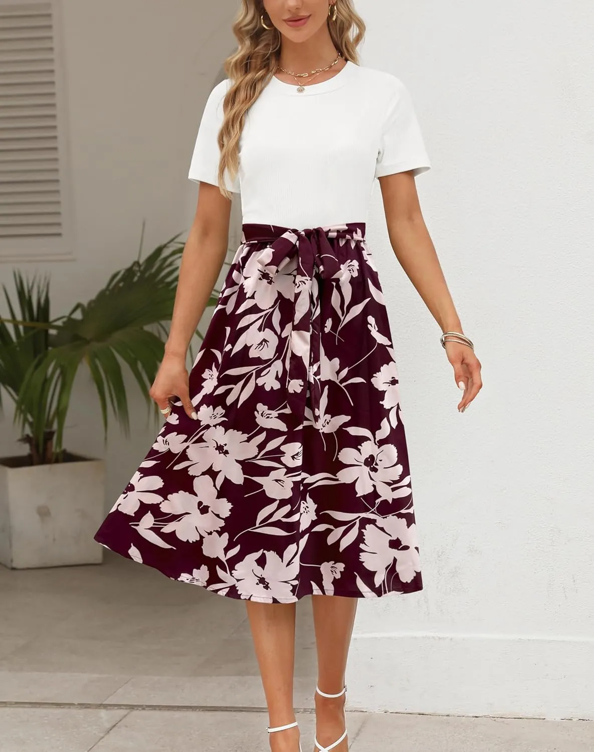 Zattcas Women 2025 Summer Dress Short Sleeve Ribbed Teacher Church Modest Business Casual Work Outfits Midi Dress