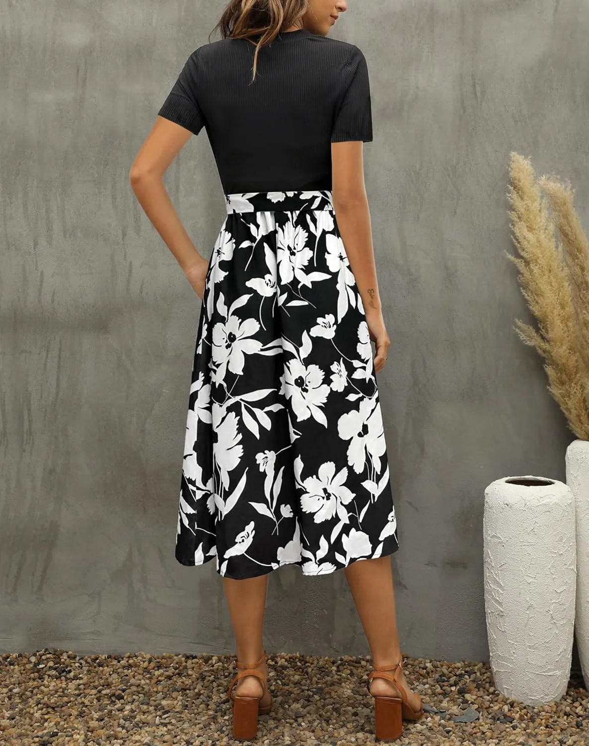 Zattcas Women 2025 Summer Dress Short Sleeve Ribbed Teacher Church Modest Business Casual Work Outfits Midi Dress