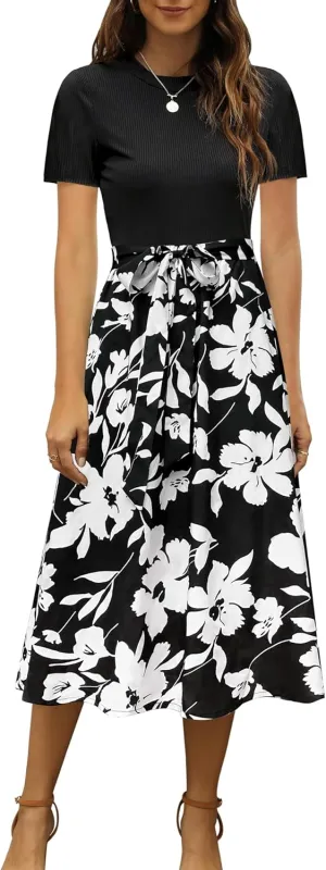 Zattcas Women 2025 Summer Dress Short Sleeve Ribbed Teacher Church Modest Business Casual Work Outfits Midi Dress