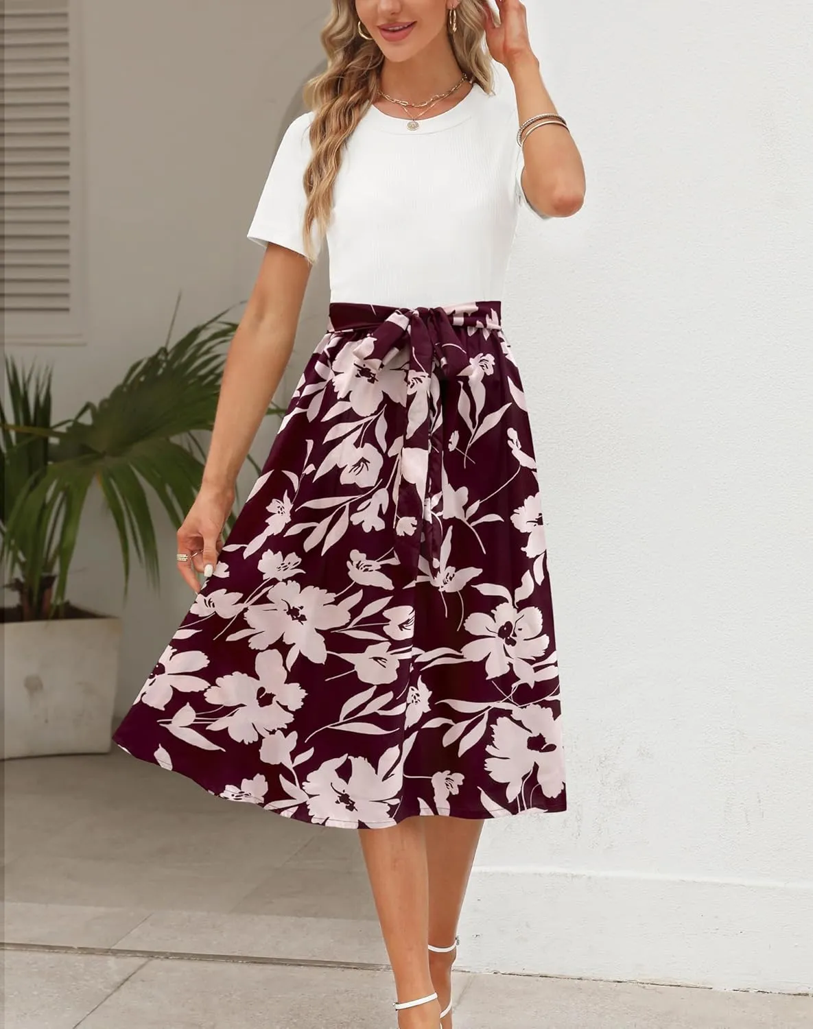 Zattcas Women 2025 Summer Dress Short Sleeve Ribbed Teacher Church Modest Business Casual Work Outfits Midi Dress