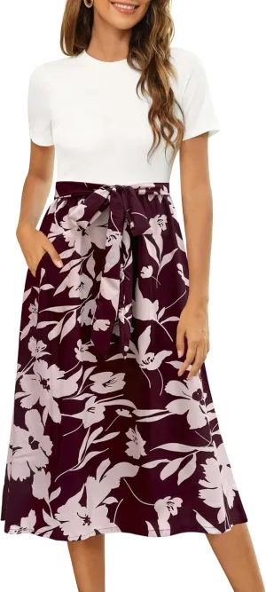 Zattcas Women 2025 Summer Dress Short Sleeve Ribbed Teacher Church Modest Business Casual Work Outfits Midi Dress