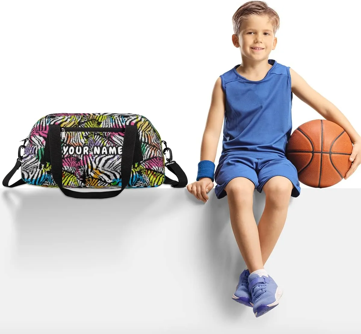 Zebra Print Personalized Kids Duffel Bag for Girls Boys, Zebra Customized Name Dance Bag Overnight Small Duffel Bag Carry On Weekend Sports Gym Travel Bag for School Practice Gymnastics Ballet